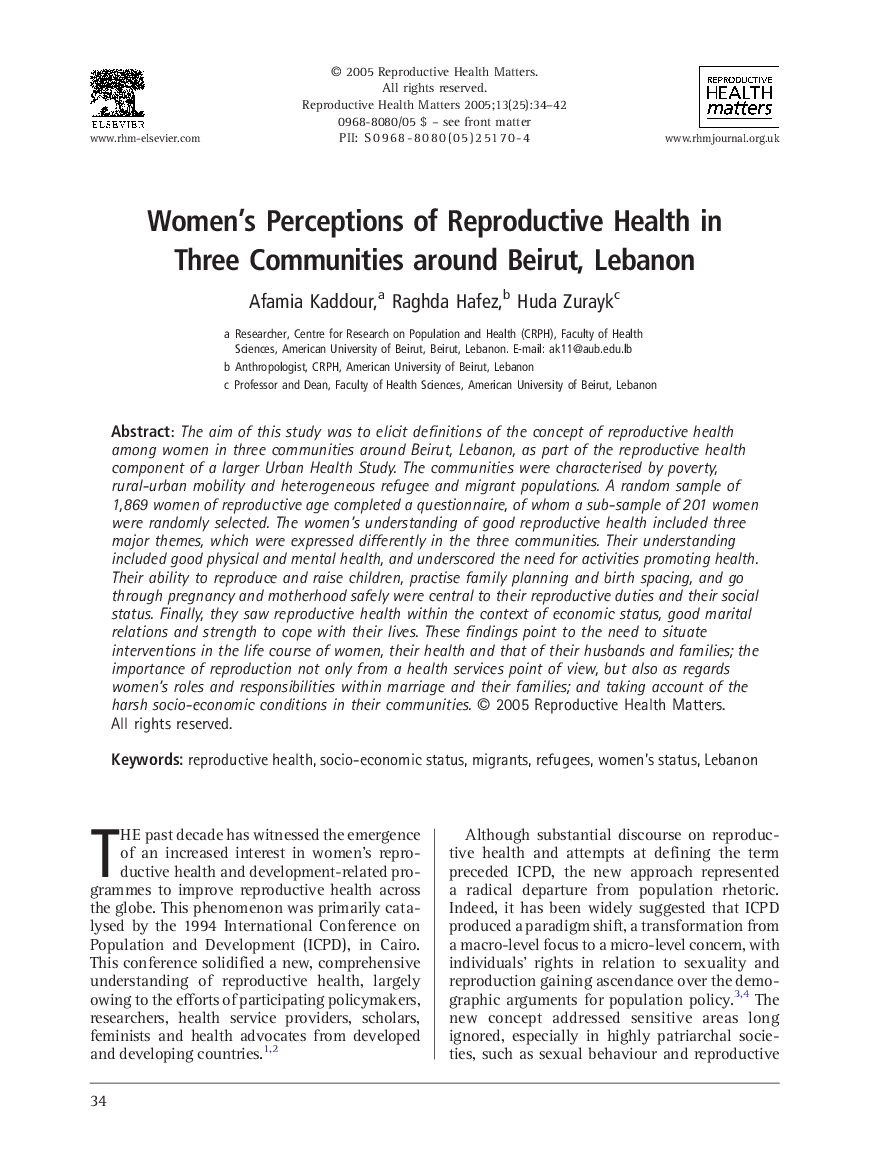 Women's Perceptions of Reproductive Health in Three Communities around Beirut, Lebanon