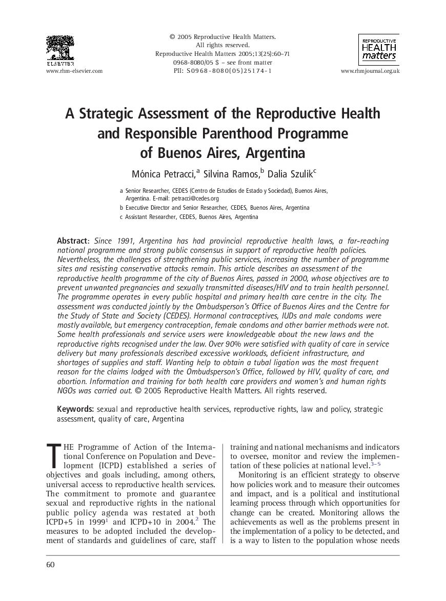 A Strategic Assessment of the Reproductive Health and Responsible Parenthood Programme of Buenos Aires, Argentina