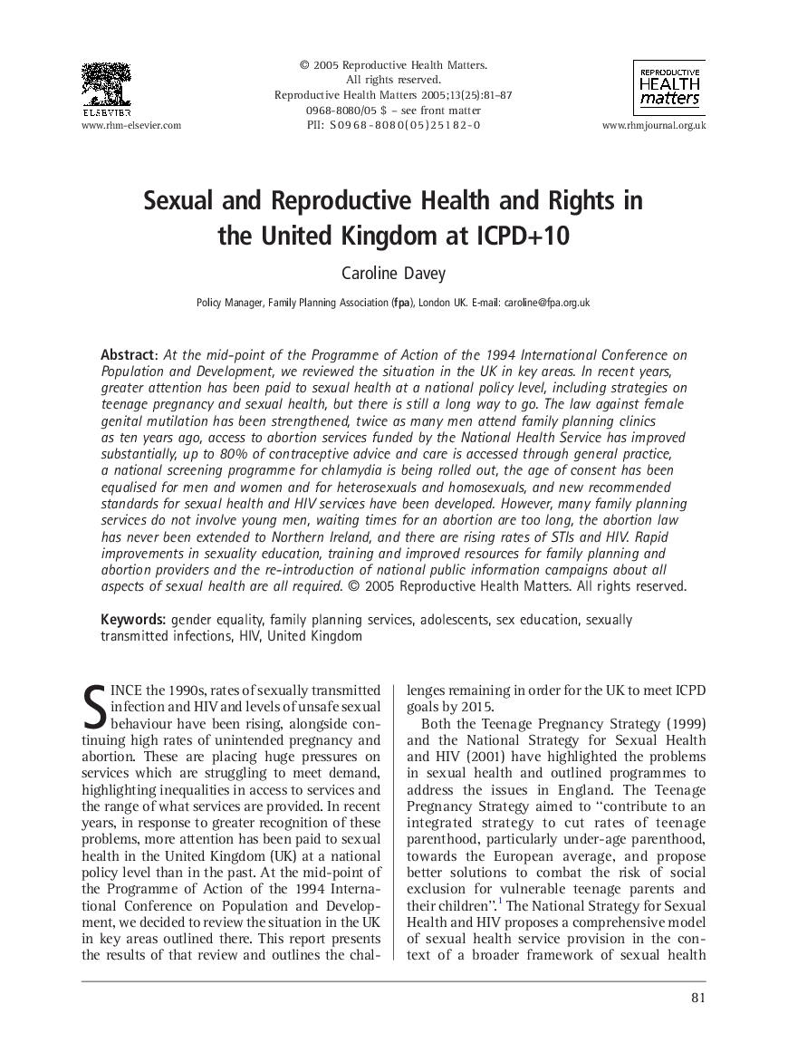 Sexual and Reproductive Health and Rights in the United Kingdom at ICPD+10