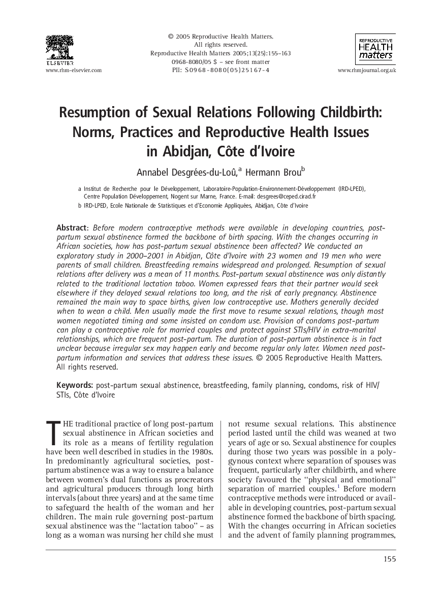 Resumption of Sexual Relations Following Childbirth: Norms, Practices and Reproductive Health Issues in Abidjan, CÃ´te d'Ivoire