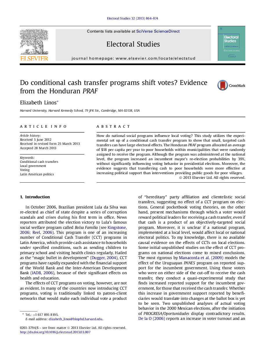 Do conditional cash transfer programs shift votes? Evidence from the Honduran PRAF