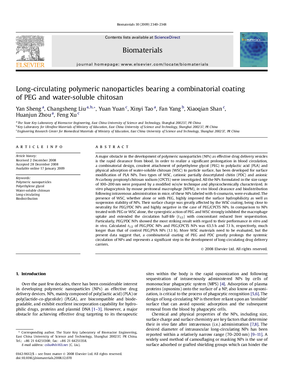 Long-circulating polymeric nanoparticles bearing a combinatorial coating of PEG and water-soluble chitosan