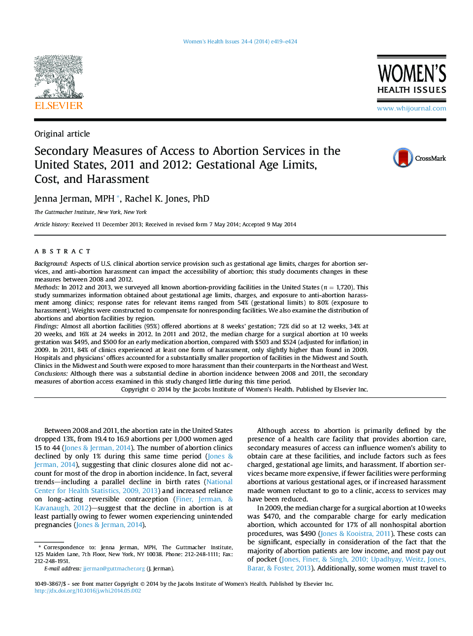 Secondary Measures of Access to Abortion Services in the United States, 2011 and 2012: Gestational Age Limits, Cost, and Harassment