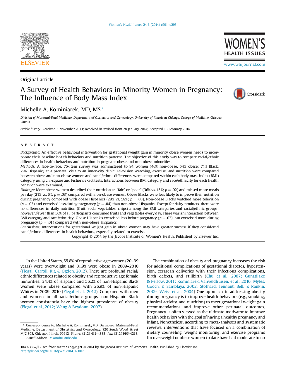 A Survey of Health Behaviors in Minority Women in Pregnancy: The Influence of Body Mass Index
