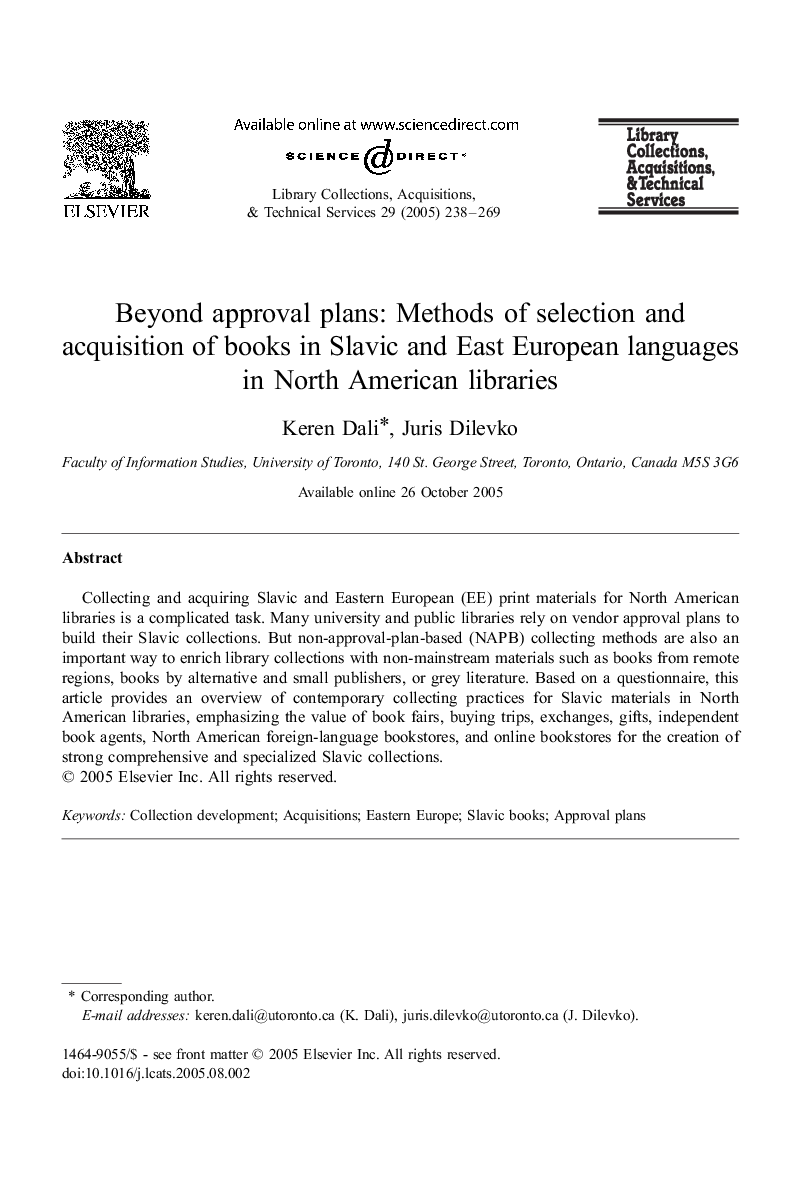 Beyond approval plans: Methods of selection and acquisition of books in Slavic and East European languages in North American libraries