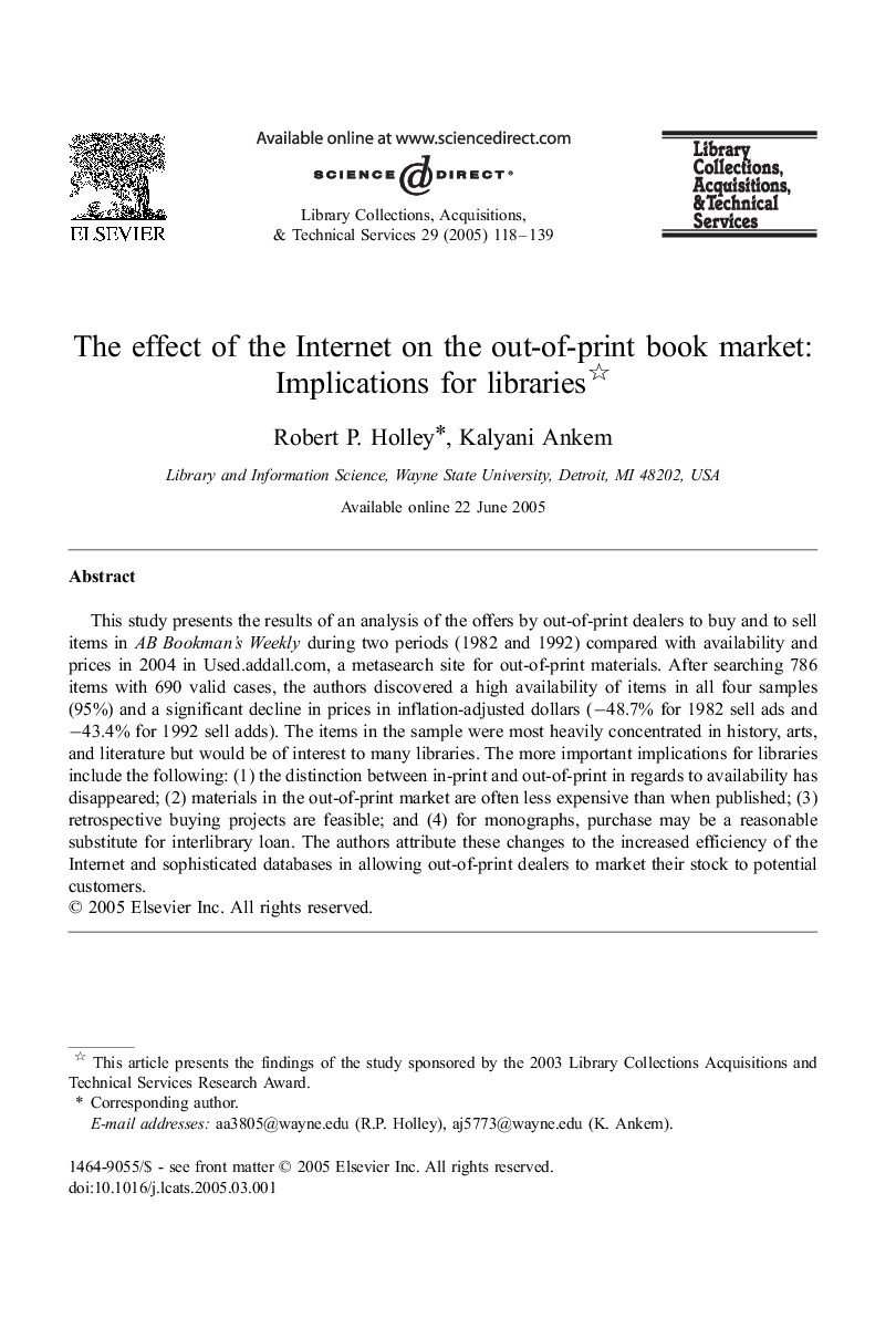 عکس صفحه اول مقاله: The effect of the Internet on the out-of-print book market: Implications for libraries The effect of the Internet on the out-of-print book market: Implications for libraries