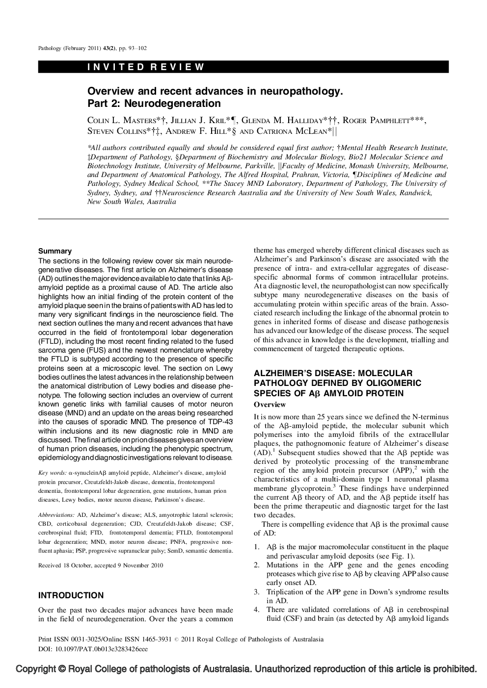 Overview and recent advances in neuropathology. Part 2: Neurodegeneration