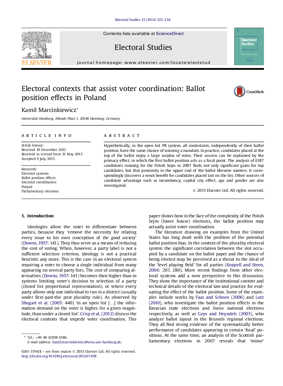 Electoral contexts that assist voter coordination: Ballot position effects in Poland