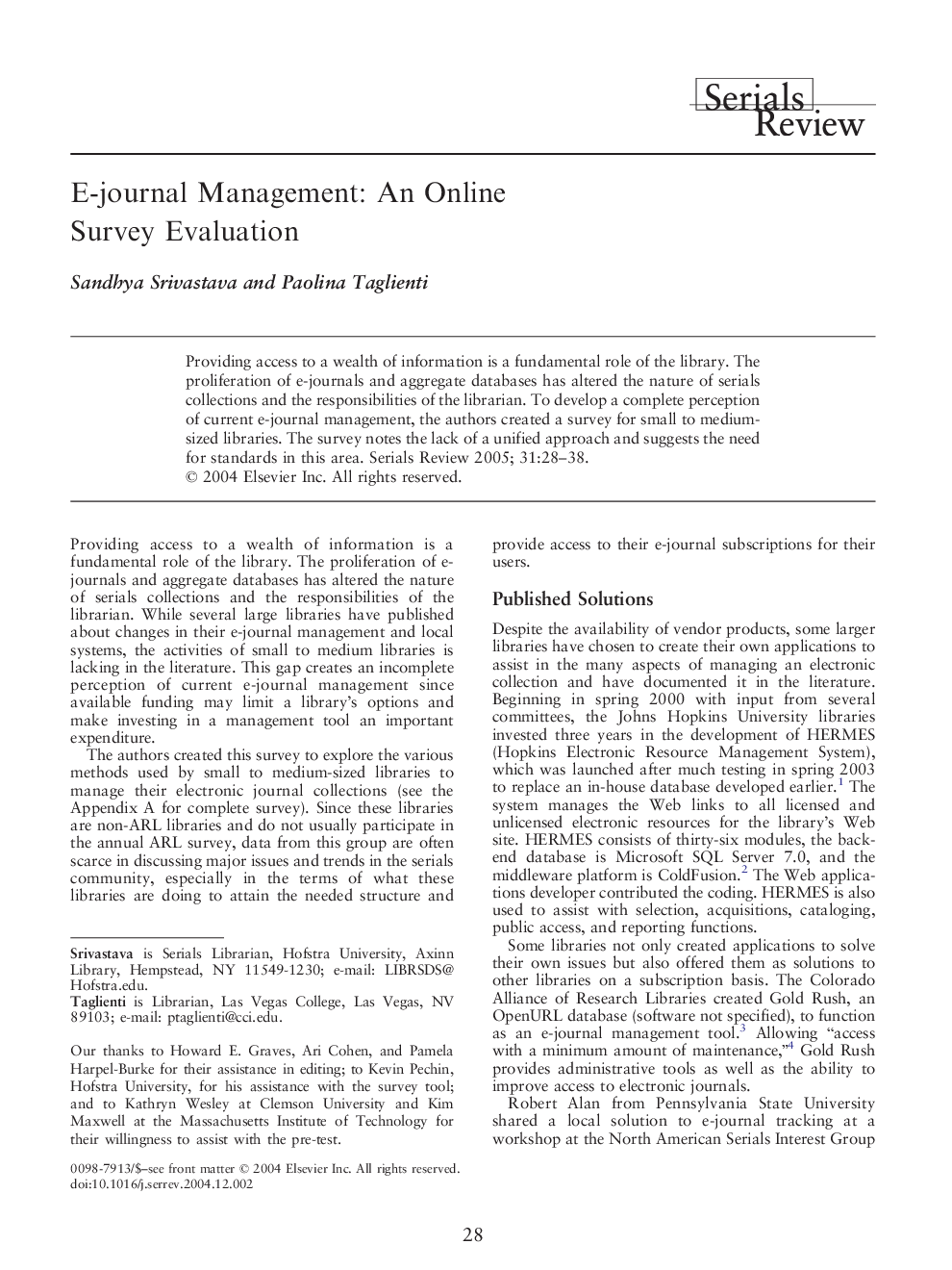 E-journal Management: An Online Survey Evaluation