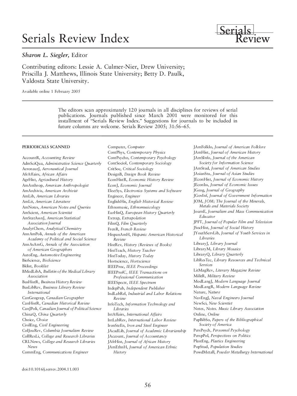 Serials Review Index