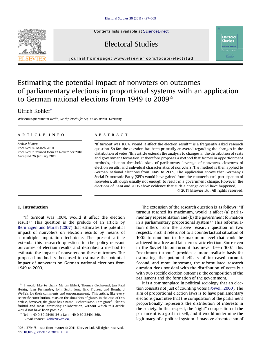 Estimating the potential impact of nonvoters on outcomes of parliamentary elections in proportional systems with an application to German national elections from 1949 to 2009 