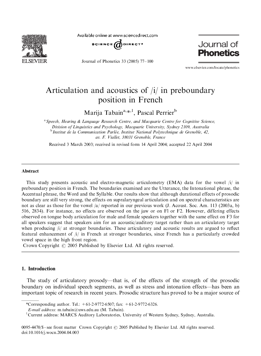 Articulation and acoustics of /i/ in preboundary position in French