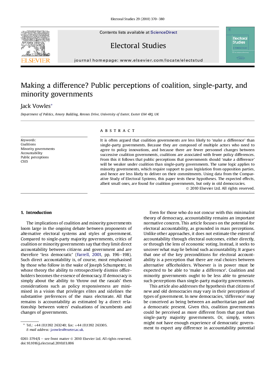 Making a difference? Public perceptions of coalition, single-party, and minority governments