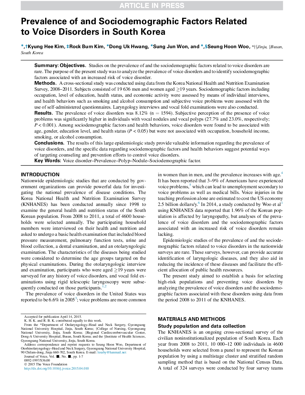 Prevalence of and Sociodemographic Factors Related to Voice Disorders in South Korea