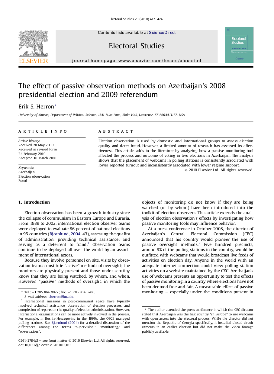 The effect of passive observation methods on Azerbaijan’s 2008 presidential election and 2009 referendum