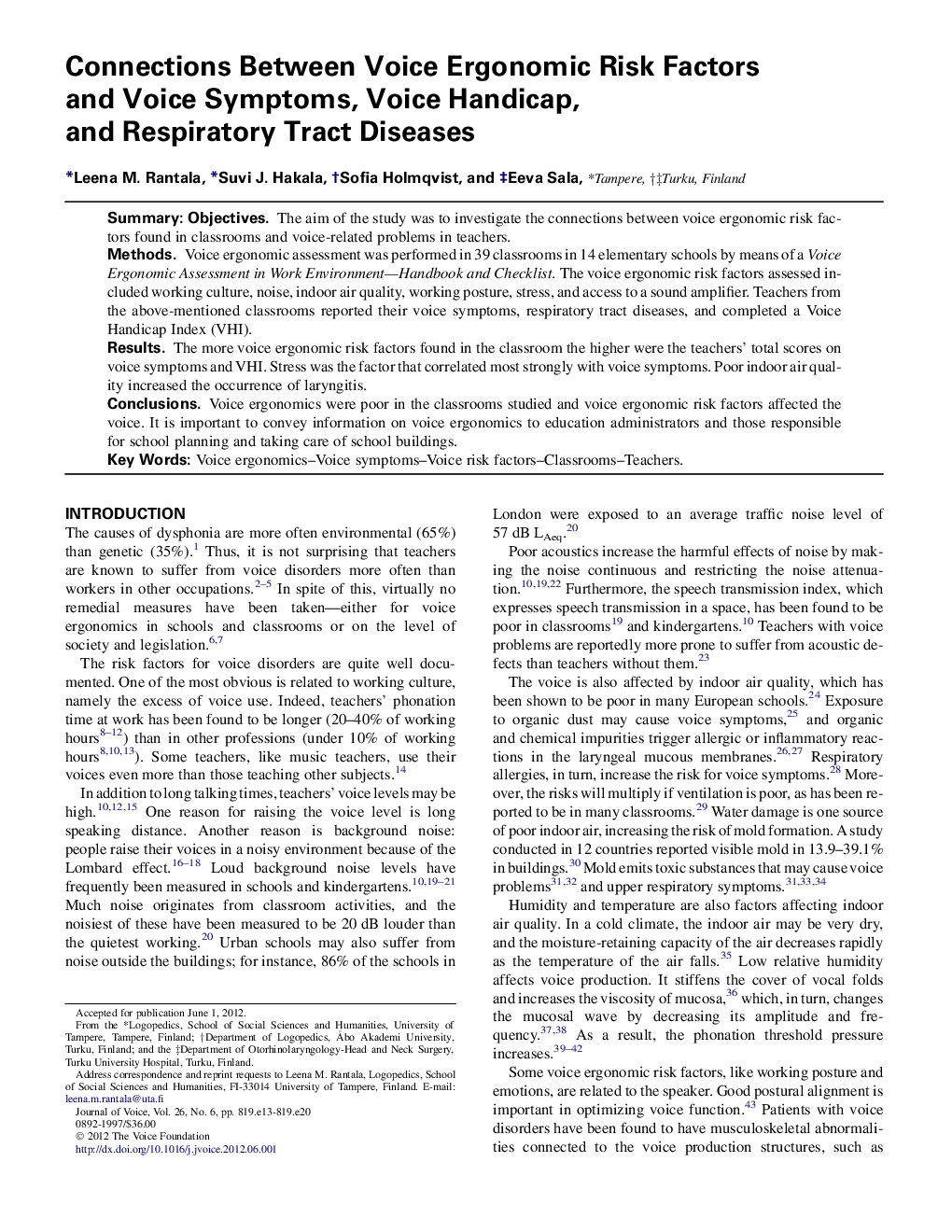 Connections Between Voice Ergonomic Risk Factors and Voice Symptoms, Voice Handicap, and Respiratory Tract Diseases