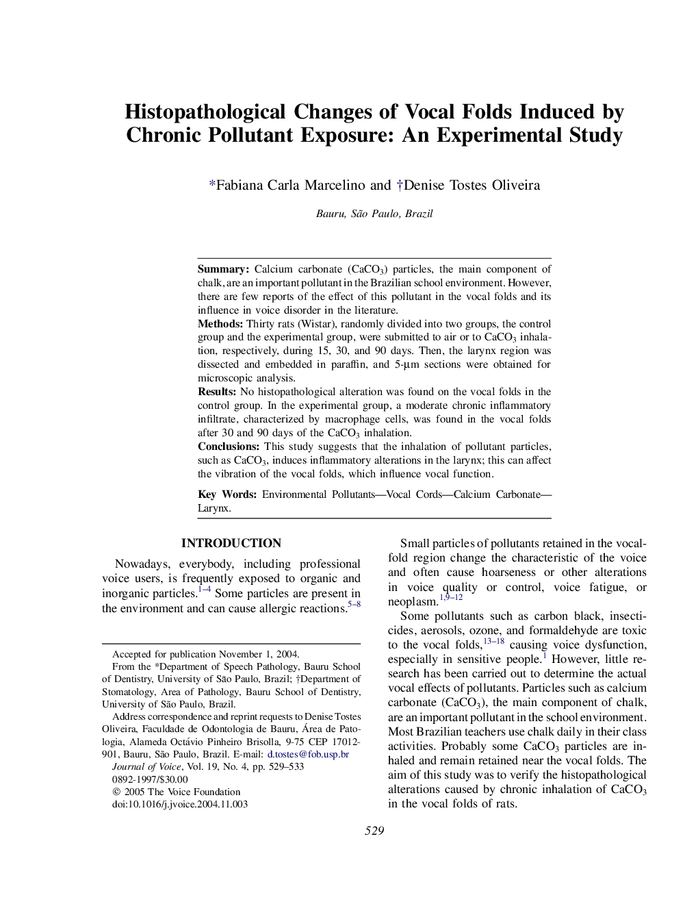 Histopathological Changes of Vocal Folds Induced by Chronic Pollutant Exposure: An Experimental Study