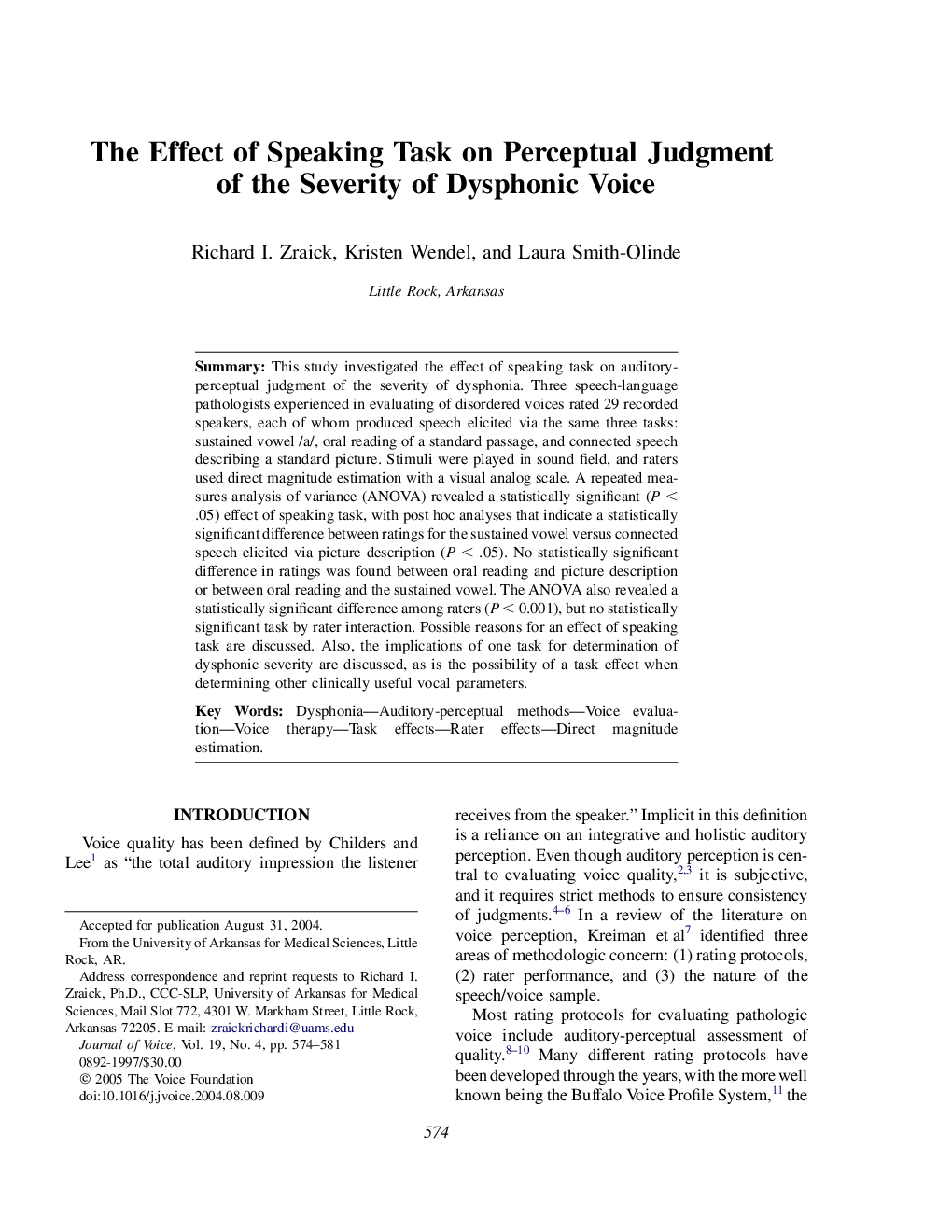 The Effect of Speaking Task on Perceptual Judgment of the Severity of Dysphonic Voice