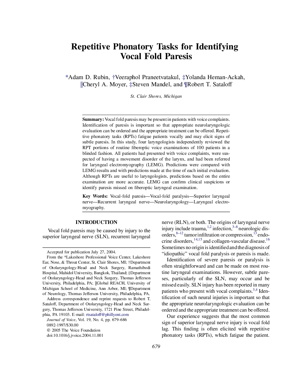 Repetitive Phonatory Tasks for Identifying Vocal Fold Paresis