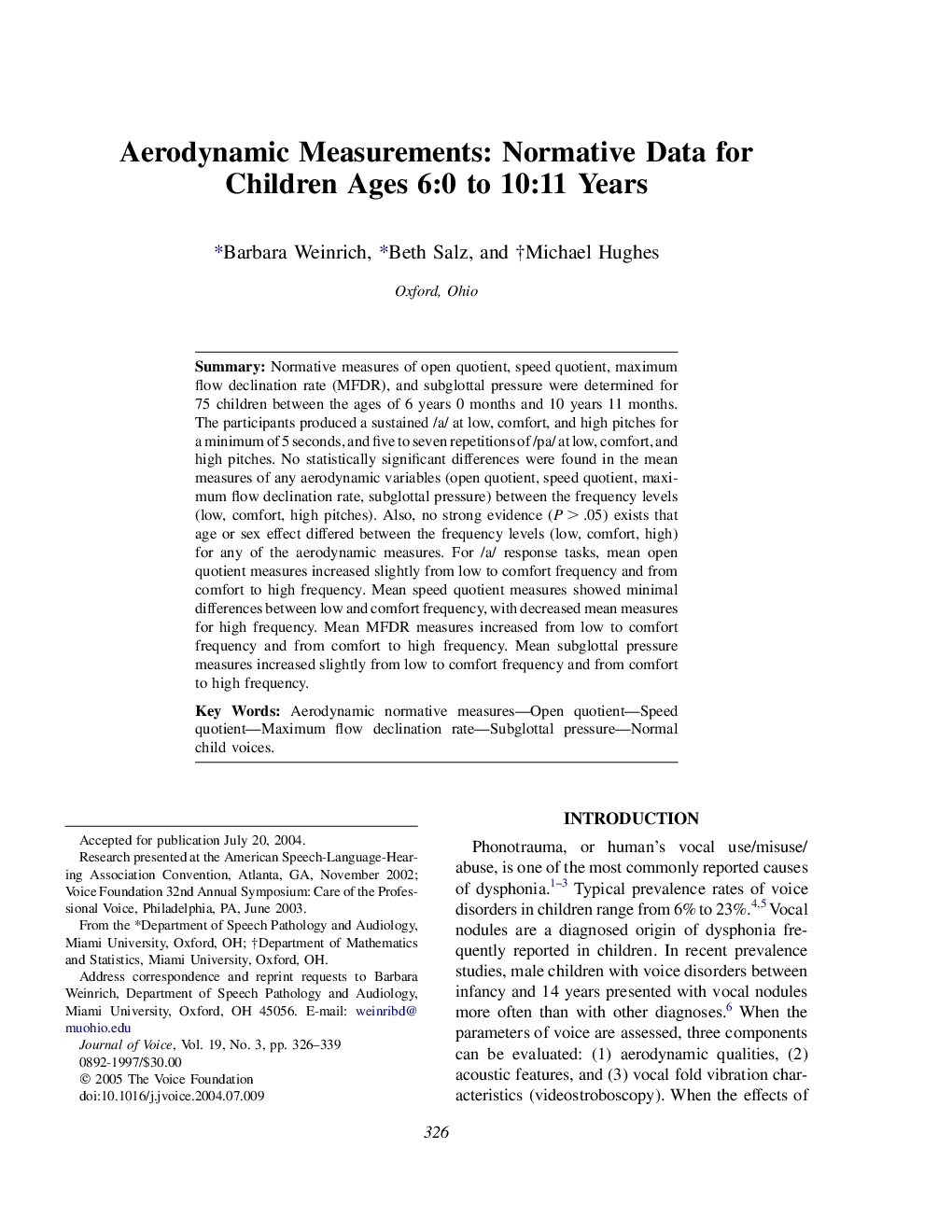 Aerodynamic Measurements: Normative Data for Children Ages 6:0 to 10:11 Years