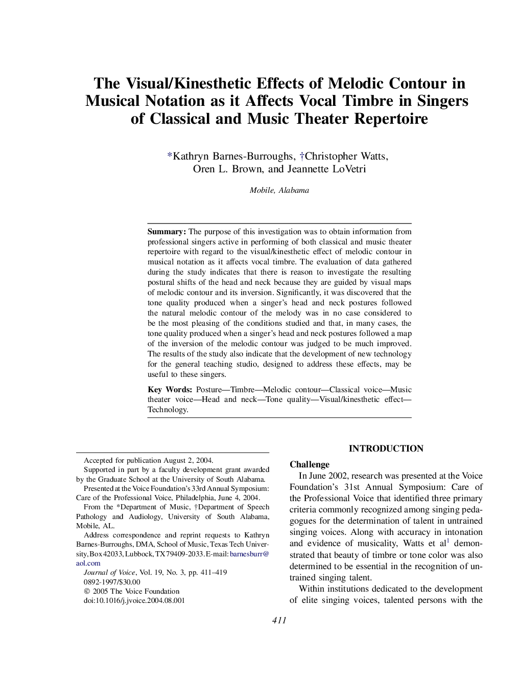 The Visual/Kinesthetic Effects of Melodic Contour in Musical Notation as it Affects Vocal Timbre in Singers of Classical and Music Theater Repertoire