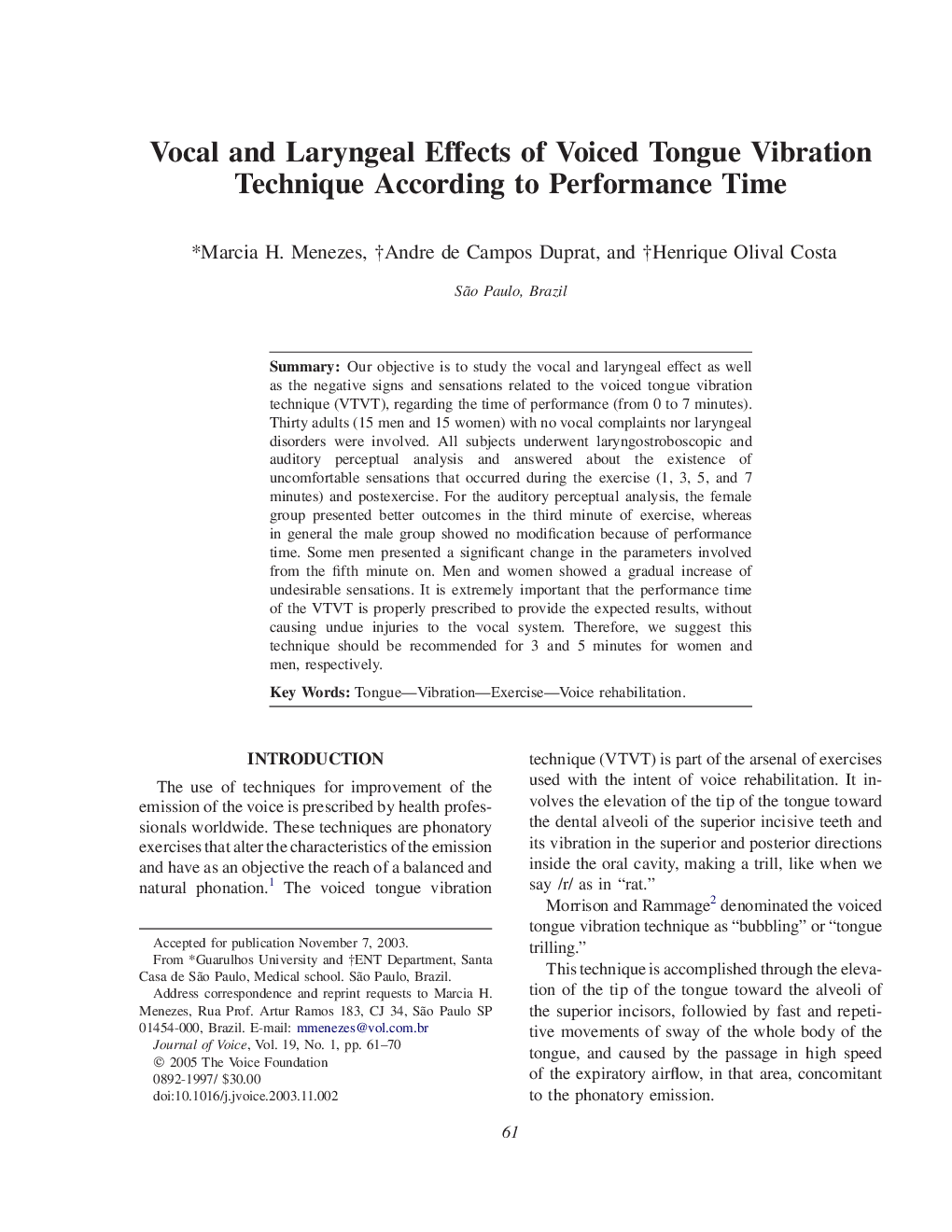 Vocal and Laryngeal Effects of Voiced Tongue Vibration Technique According to Performance Time