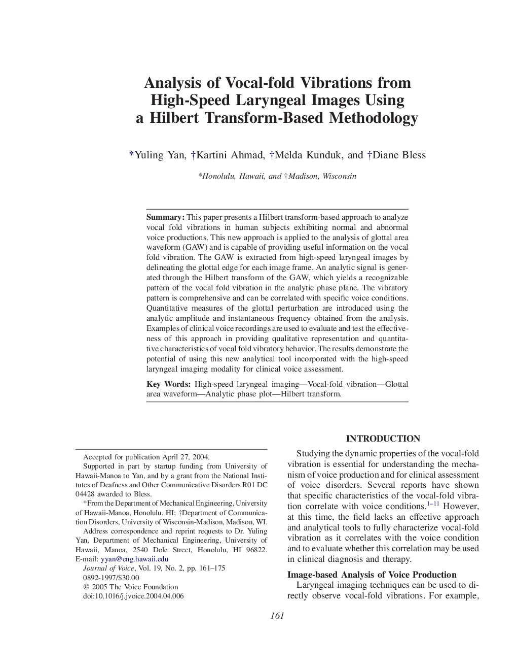 Analysis of Vocal-fold Vibrations from High-Speed Laryngeal Images Using a Hilbert Transform-Based Methodology