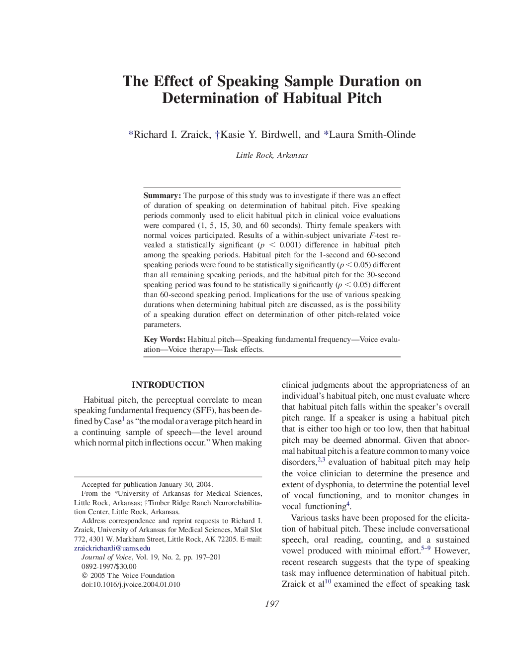 The Effect of Speaking Sample Duration on Determination of Habitual Pitch