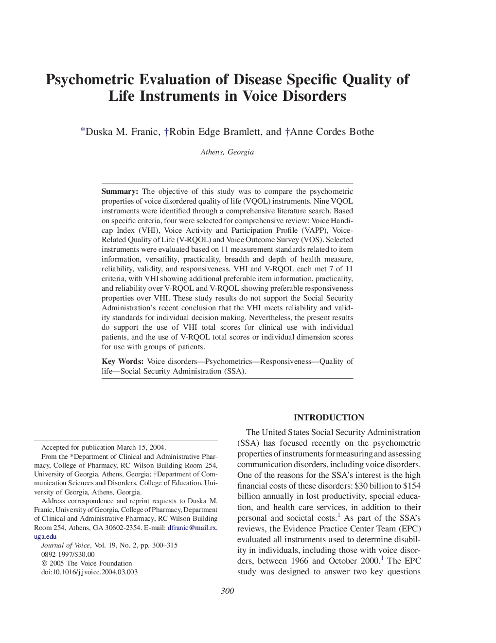 Psychometric Evaluation of Disease Specific Quality of Life Instruments in Voice Disorders