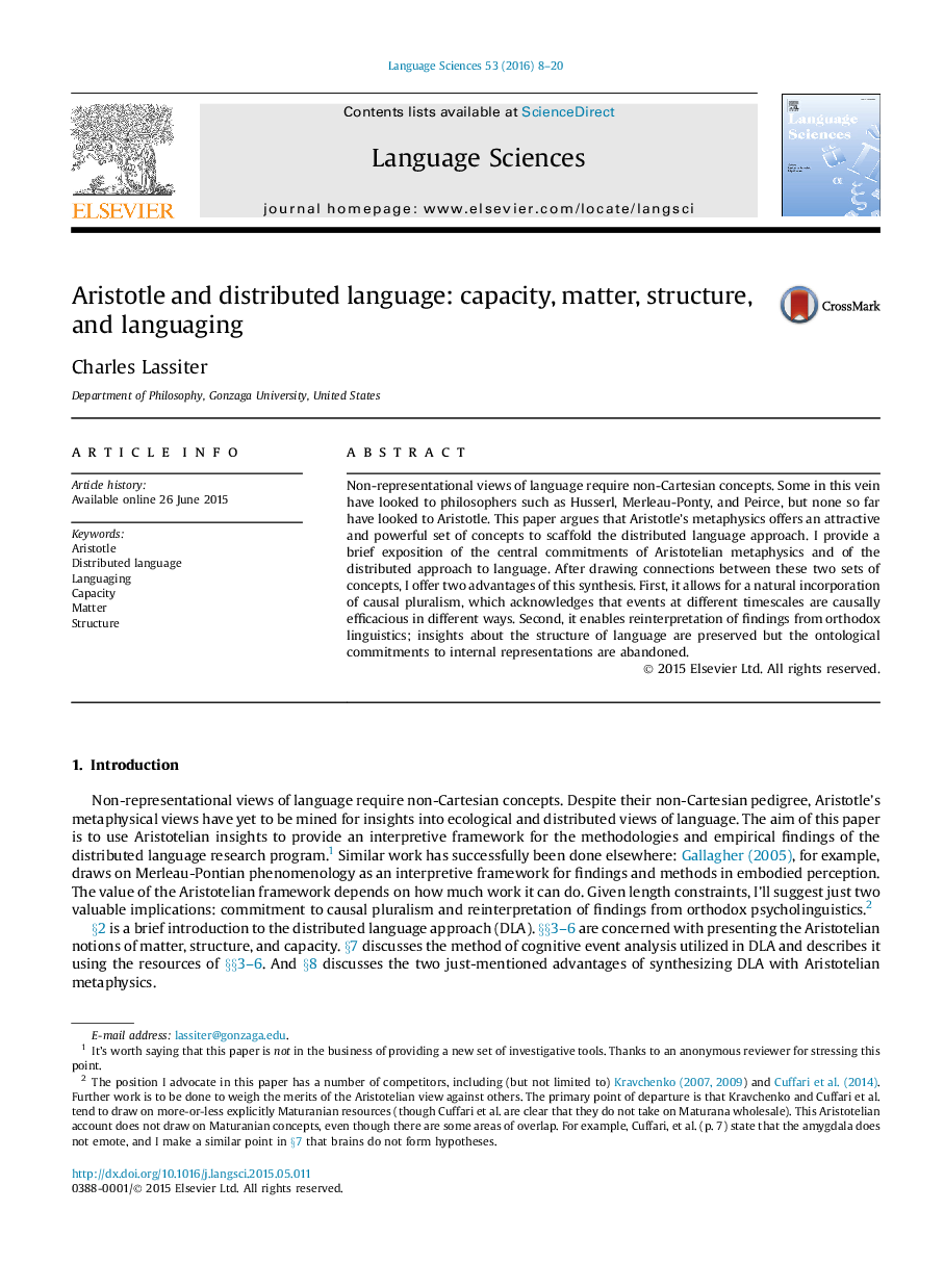 Aristotle and distributed language: capacity, matter, structure, and languaging