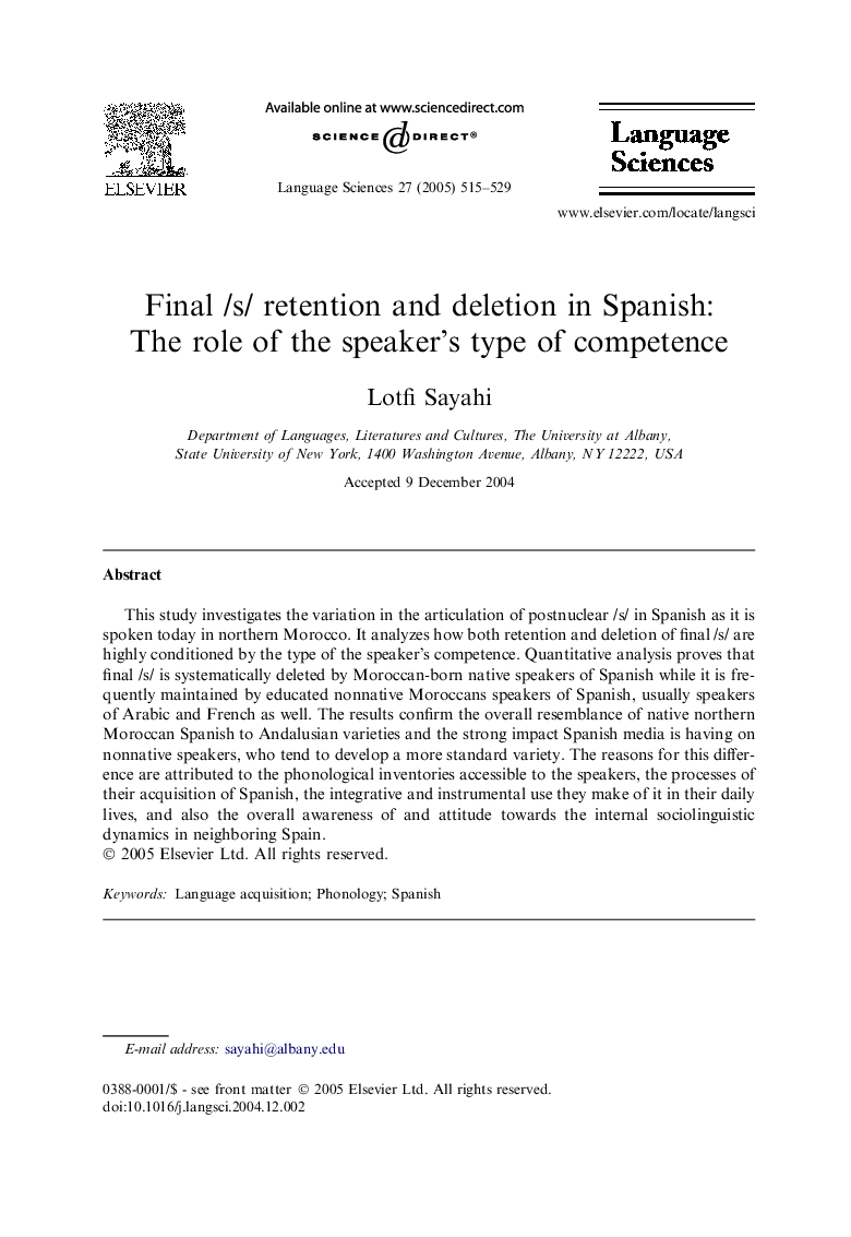 Final /s/ retention and deletion in Spanish: The role of the speaker's type of competence