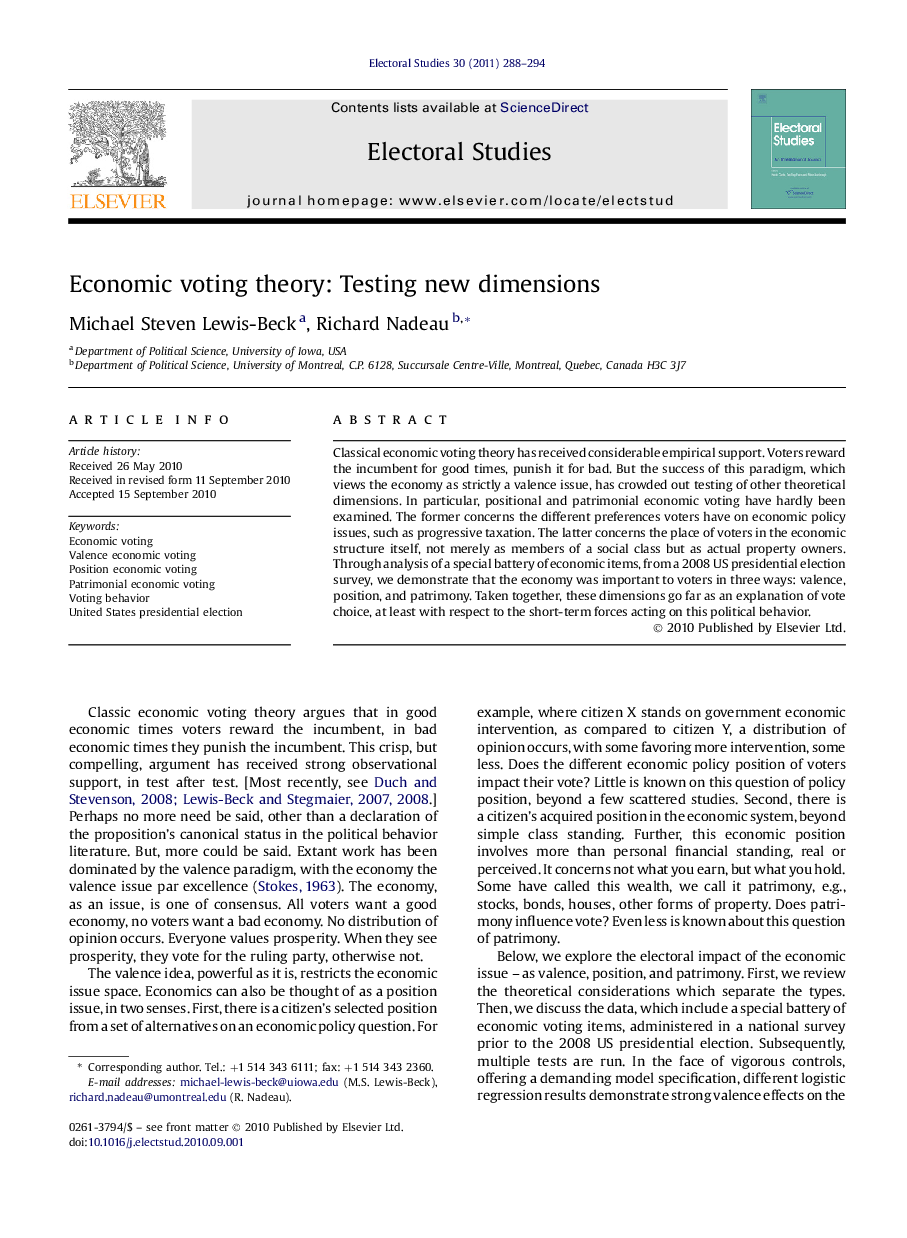 Economic voting theory: Testing new dimensions