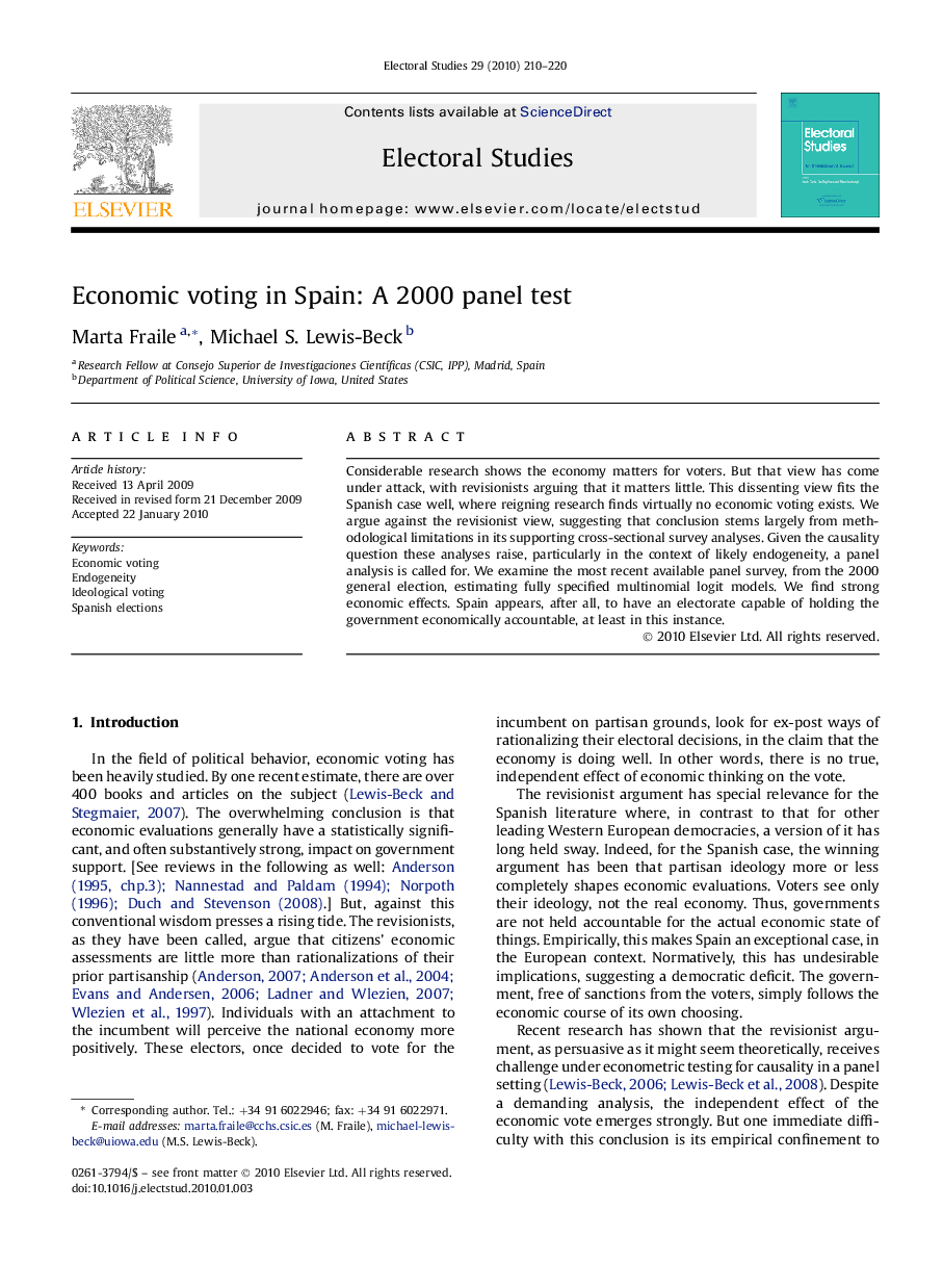 Economic voting in Spain: A 2000 panel test