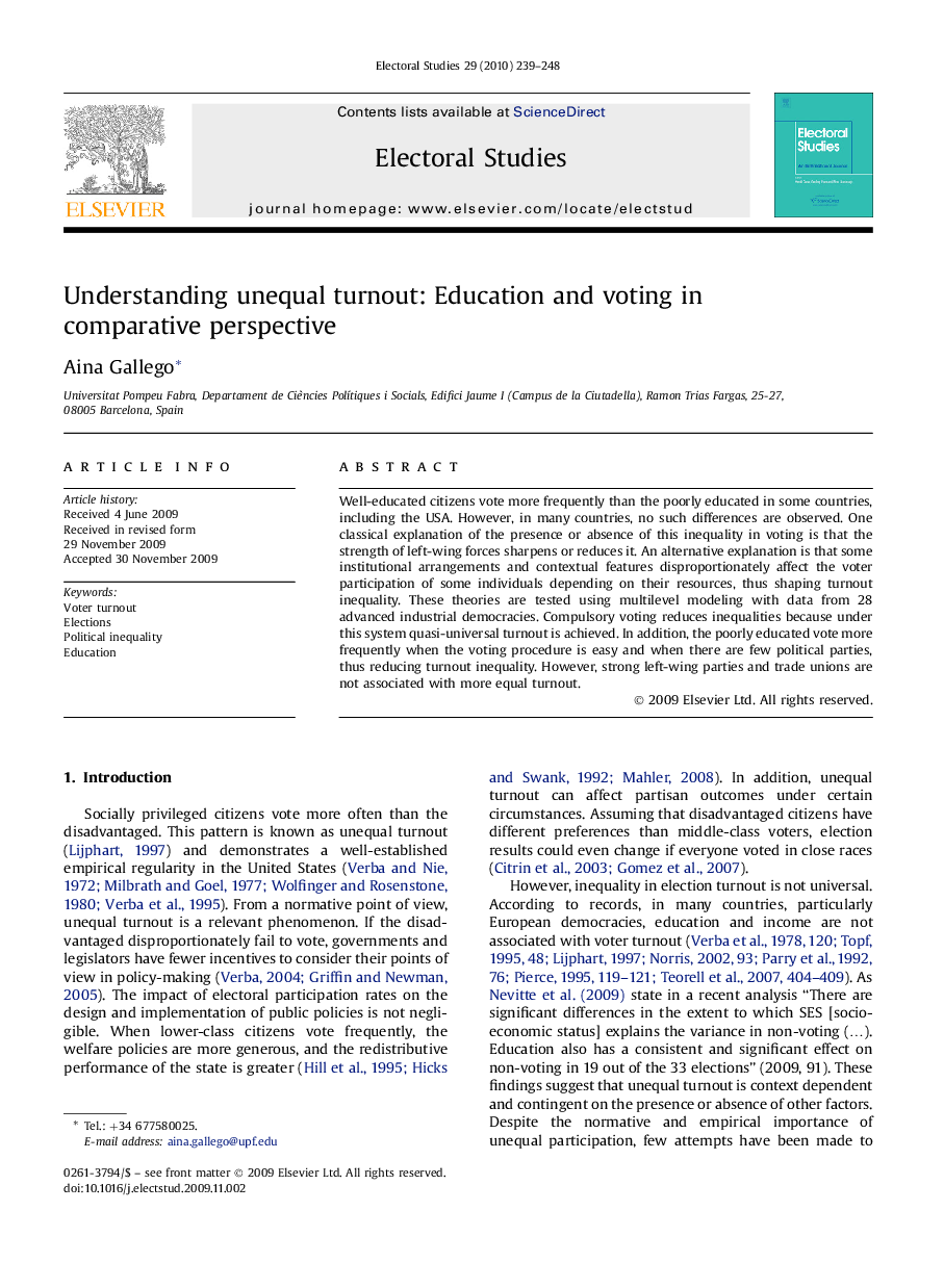 Understanding unequal turnout: Education and voting in comparative perspective