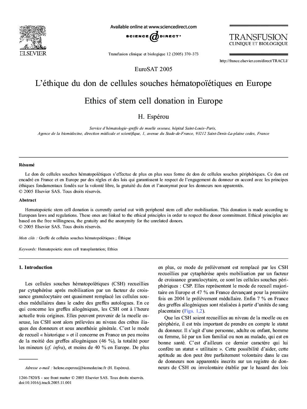 L'éthique duÂ don deÂ cellules souches hématopoïétiques enÂ Europe