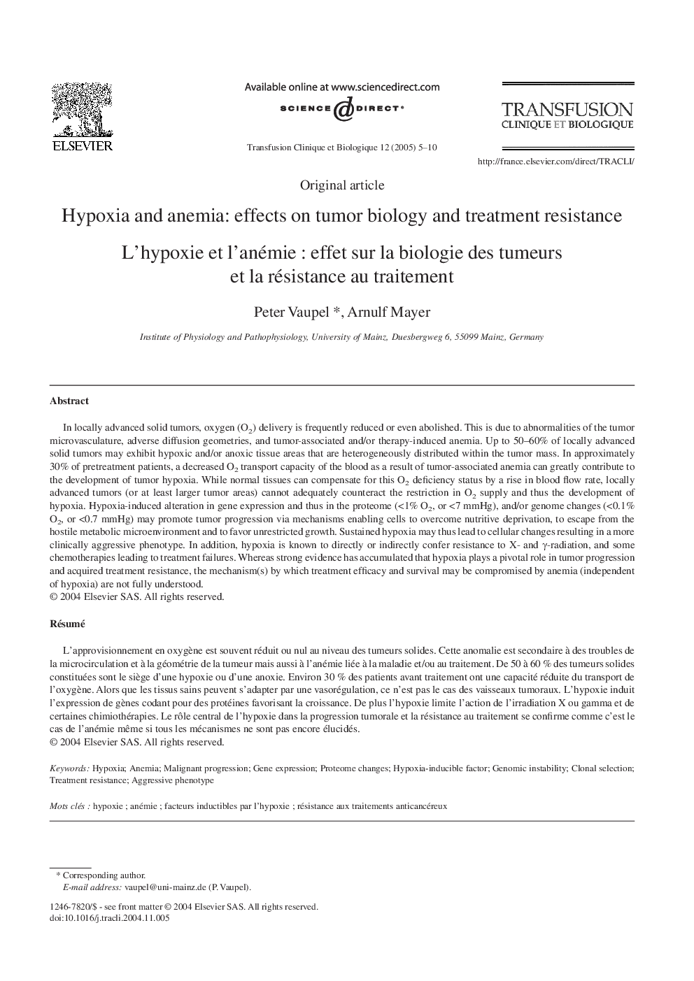 Hypoxia and anemia: effects on tumor biology and treatment resistance