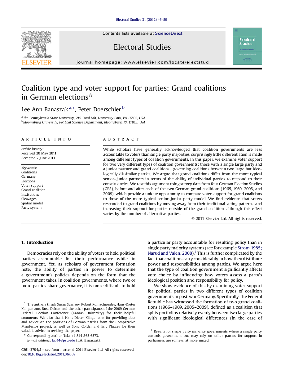 Coalition type and voter support for parties: Grand coalitions in German elections 