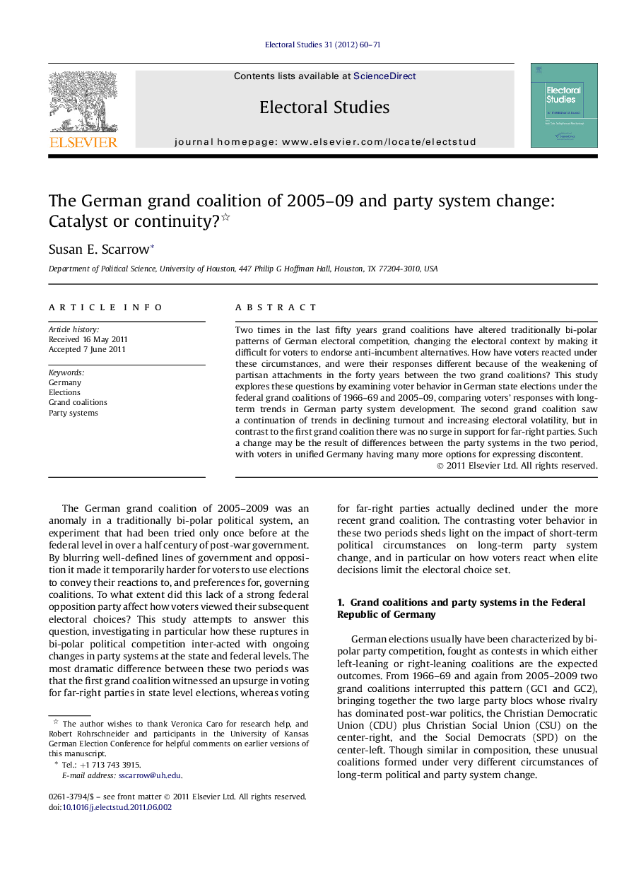 The German grand coalition of 2005–09 and party system change: Catalyst or continuity? 