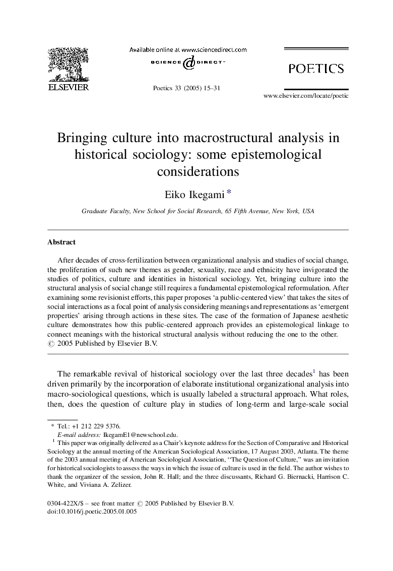 Bringing culture into macrostructural analysis in historical sociology: some epistemological considerations