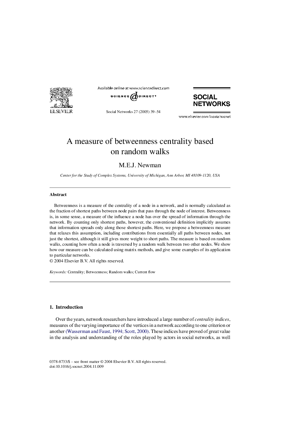 A measure of betweenness centrality based on random walks