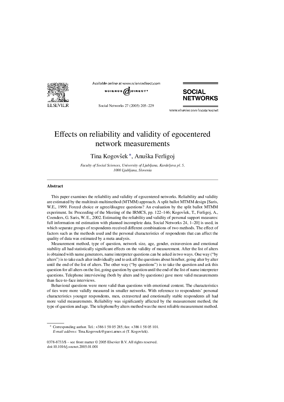 عکس صفحه اول مقاله: Effects on reliability and validity of egocentered network measurements Effects on reliability and validity of egocentered network measurements