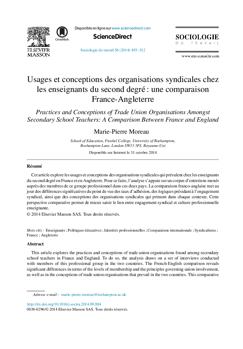Usages et conceptions des organisations syndicales chez les enseignants du second degréÂ : une comparaison France-Angleterre