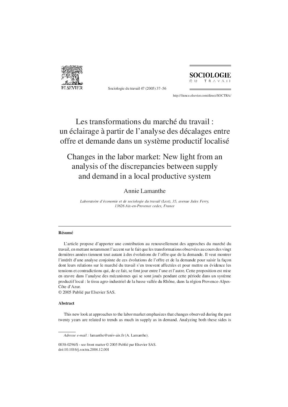 Les transformations du marché du travail : un éclairage Ã  partir de l'analyse des décalages entre offre et demande dans un systÃ¨me productif localisé