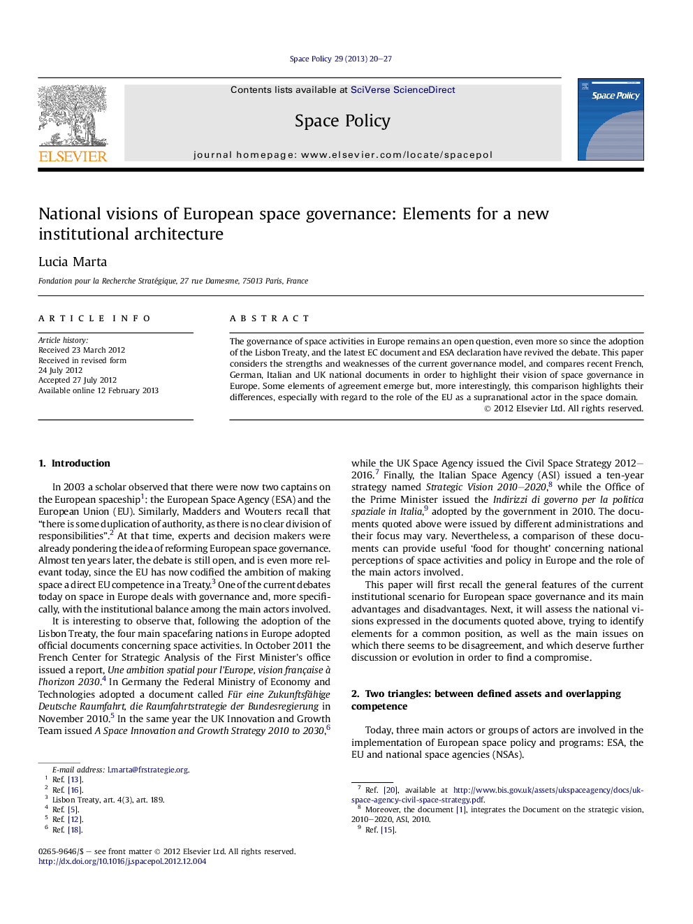 National visions of European space governance: Elements for a new institutional architecture