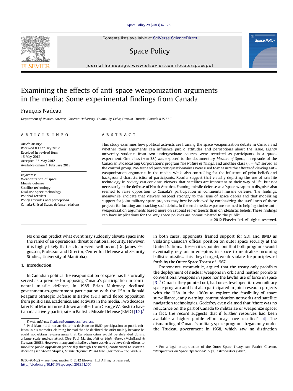 Examining the effects of anti-space weaponization arguments in the media: Some experimental findings from Canada