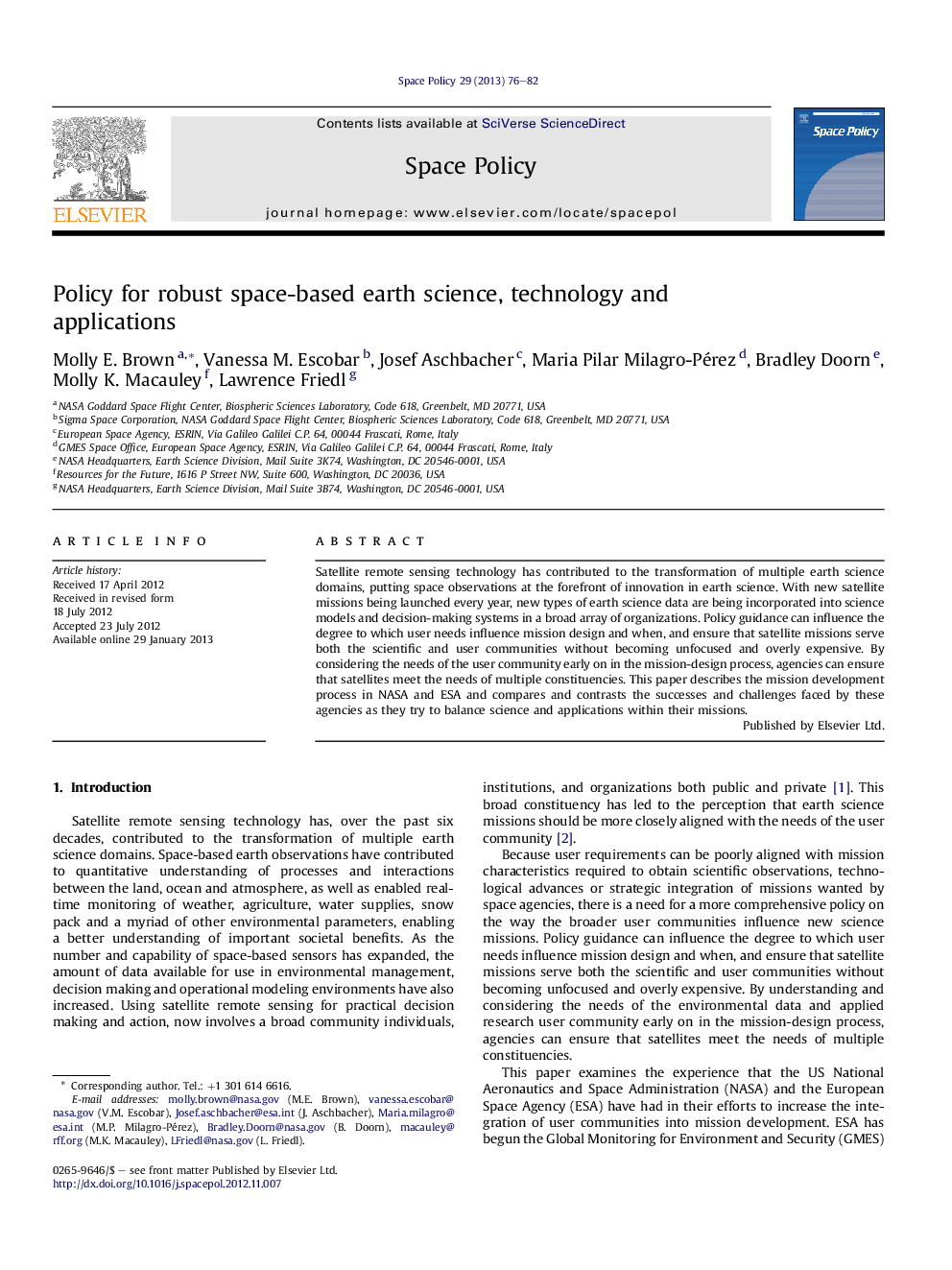 Policy for robust space-based earth science, technology and applications