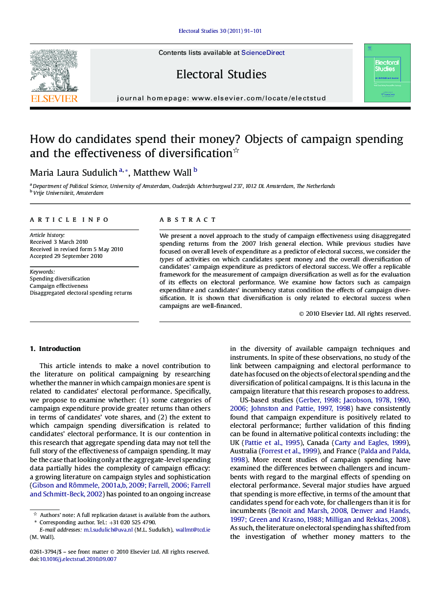 How do candidates spend their money? Objects of campaign spending and the effectiveness of diversification 