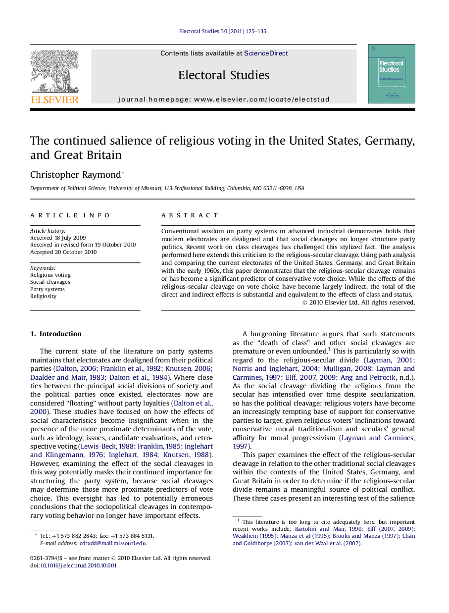 The continued salience of religious voting in the United States, Germany, and Great Britain