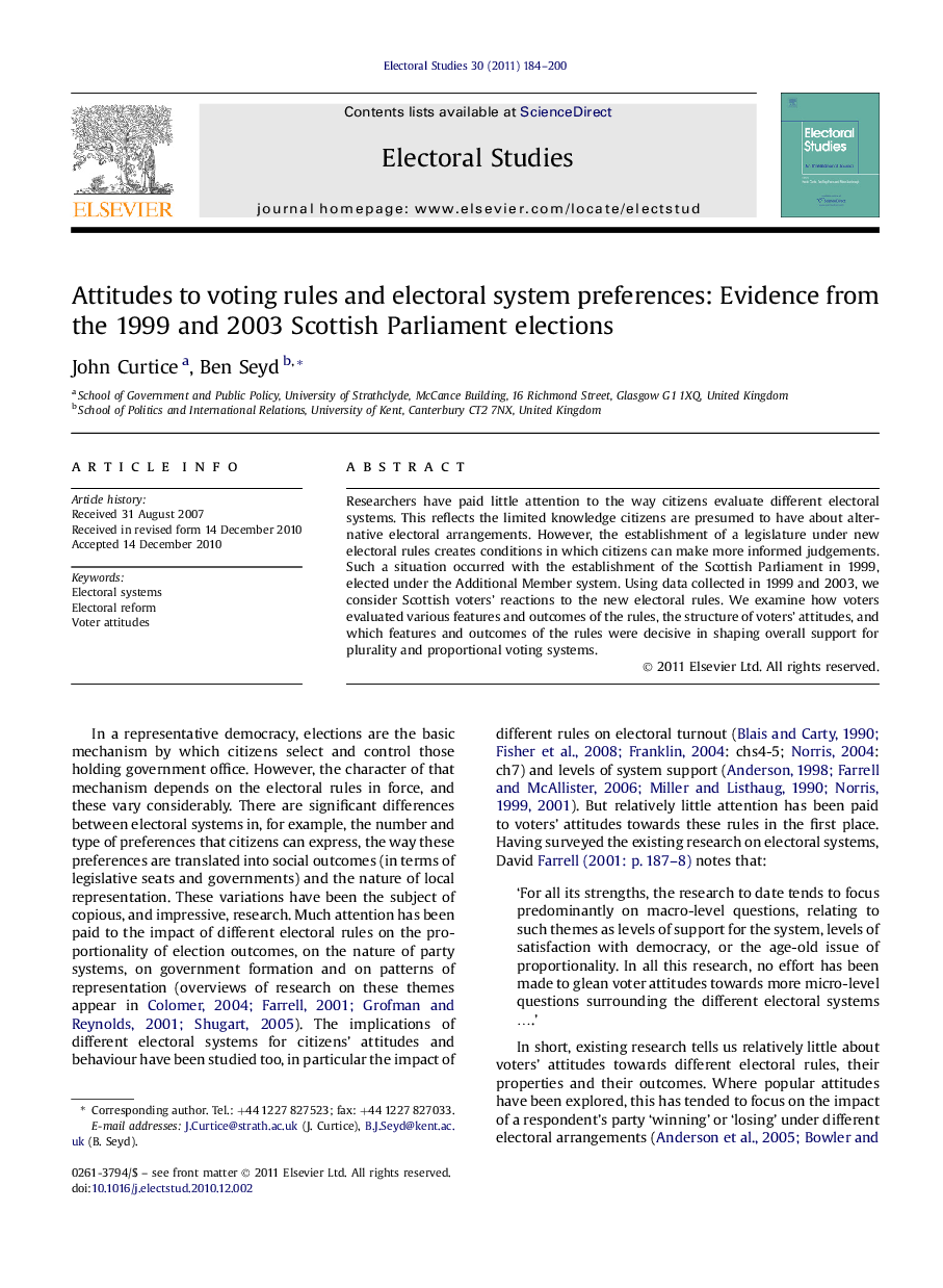 Attitudes to voting rules and electoral system preferences: Evidence from the 1999 and 2003 Scottish Parliament elections