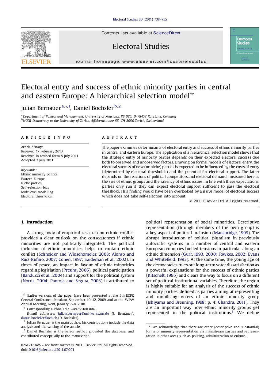 Electoral entry and success of ethnic minority parties in central and eastern Europe: A hierarchical selection model 